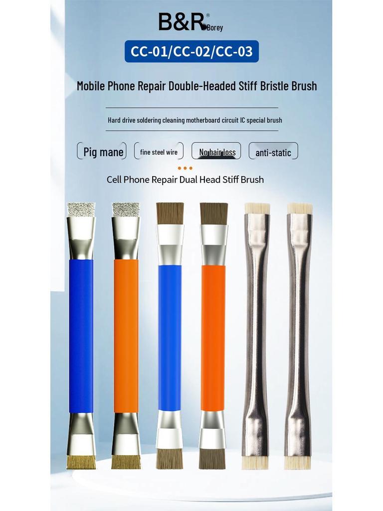 B&R Çift Başlıklı Antistatik Temizleme Fırçası, Anakartlar ve Entegre Devreler İçin Sert Kıl ve Çelik Tel ile.