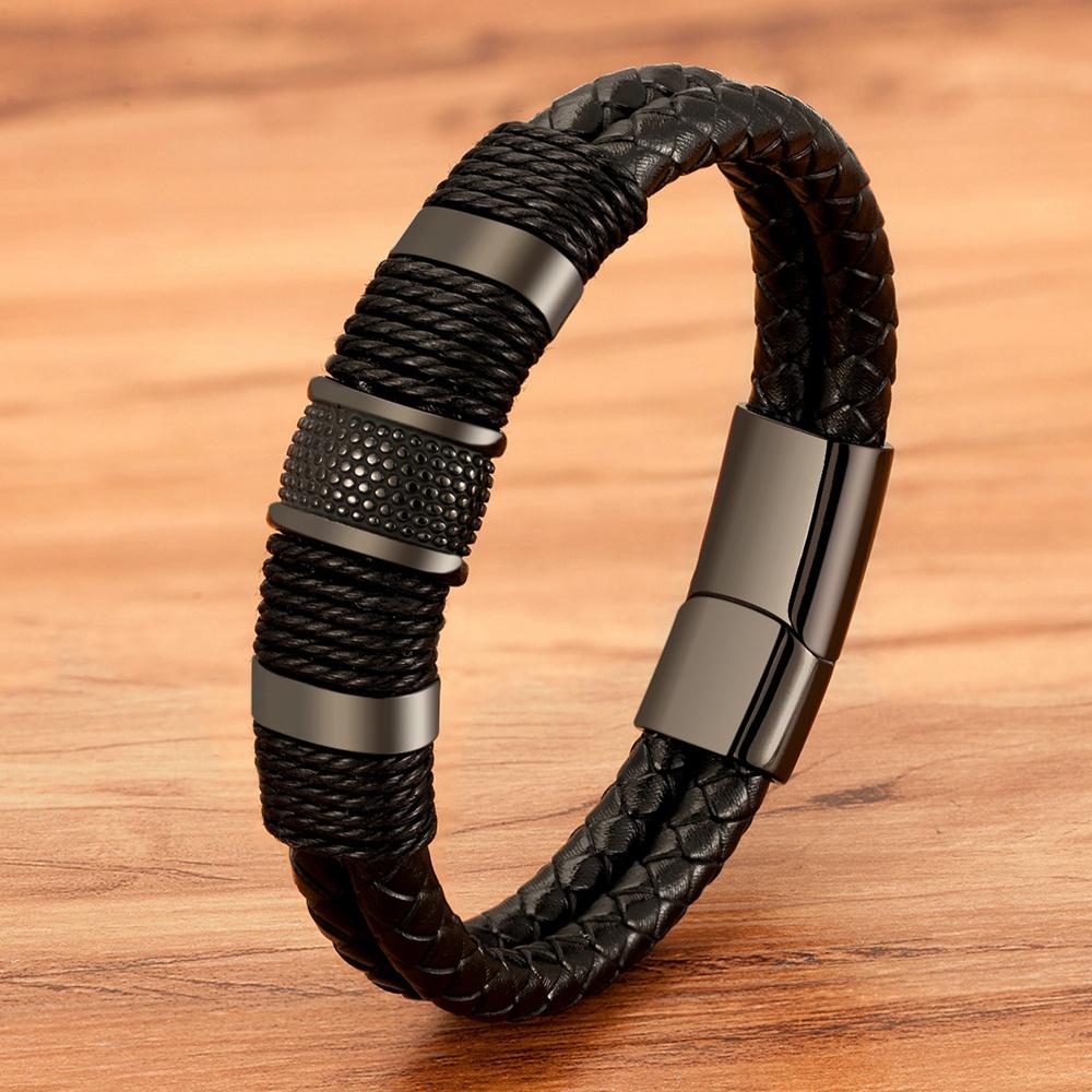 Woven Leather Rope Wrapping Special Style Classic Stainless Steel Men's Leather Bracelet Double layer Design