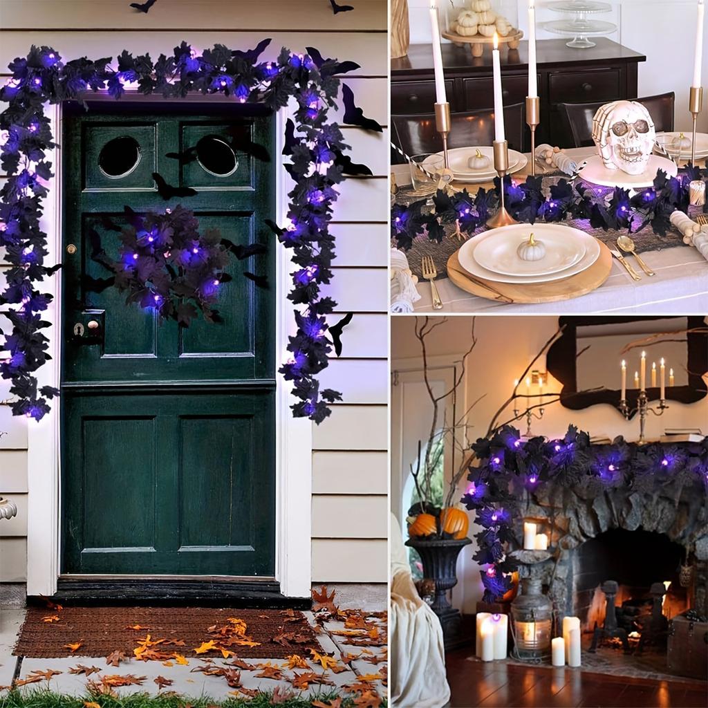 Künstlicher Ahornblatt-Girlande mit 36 schwarzen Spitzen und LED-Lichtern für Thanksgiving Halloween Heimdekoration