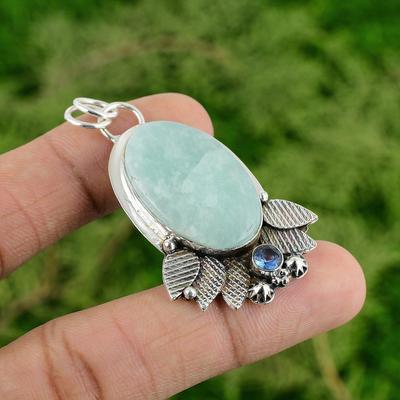 Amazonite Gemstone Tanzanite Quartz 925 Silver Engagement Bezel Handmade Pendant
