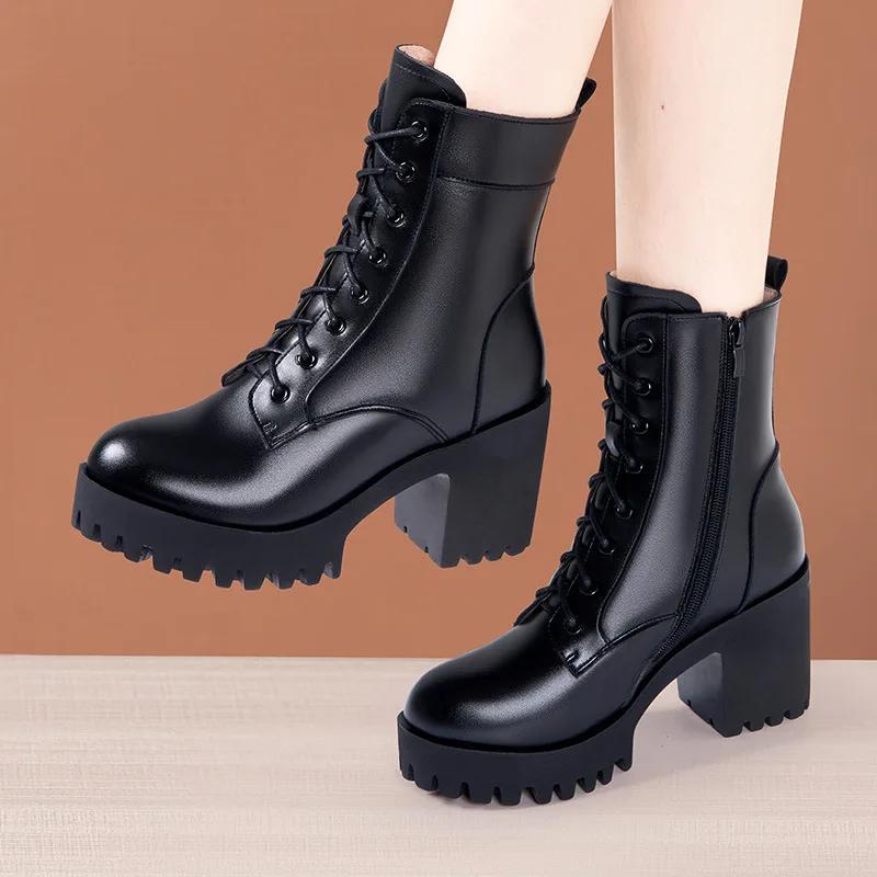 

8cm Small Size 32-43 New Block High Heels Shoes Genuine Leather Boot Winter 2025 Thick Fur Wool Ankle Boots Office Model Mom 32