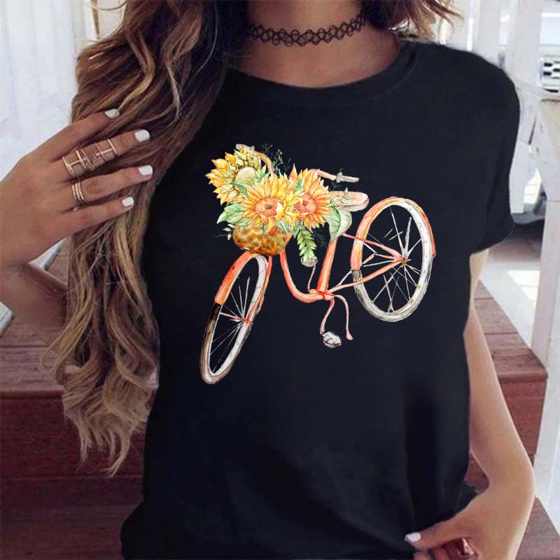 Woman Funny Bicycle Floral Print T Shirt Harajuku Women Tshirts Casual O-Neck Short Sleeves Tops Tees Shirt,Drop Shipping