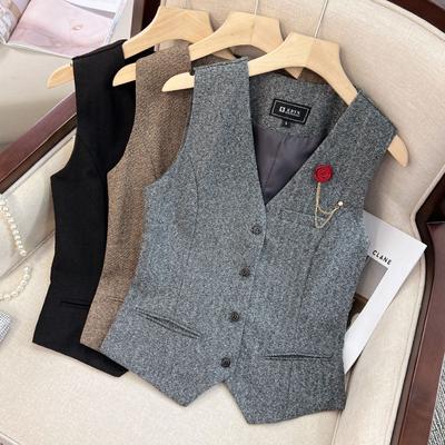 Slim Fit Woolen Short Vest for Women, Vintage Style Spring Sleeveless Gilet for Layering