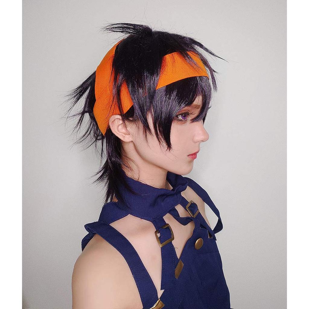 Short purple cosplay wig with net, featuring Narancia Ghirga from Golden Wind, heat-resistant.