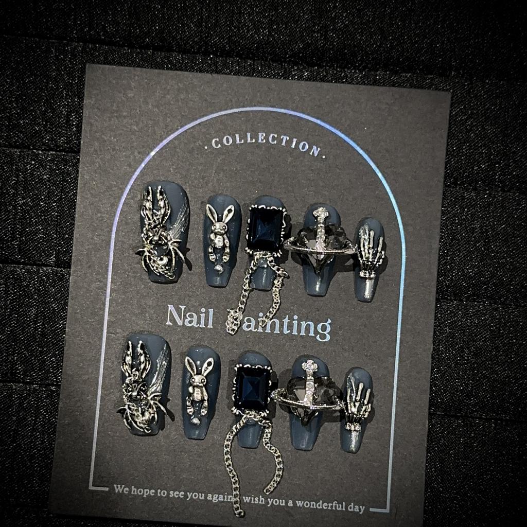 Medium Coffin Press On Nails Square Fake Nails French Tip Glue On Nail with 3D Designs Reusable False Acrylic Nails Full Cover Stick On Nail for Women