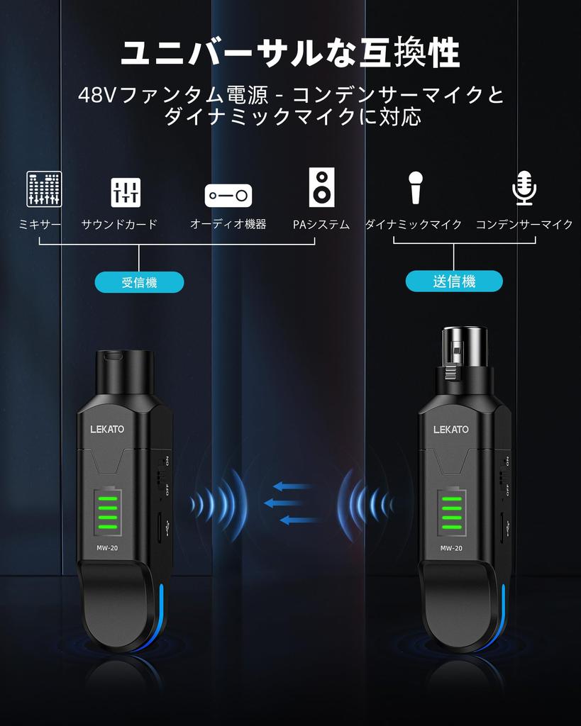 Drahtloses Mikrofon Kondensatormikrofon mit 48V Phantomspeisung Drahtloses XLR für Dynamische PA- und Audio-Mischpultsysteme, 2,4 GHz Leistung, Sender/Empfänger