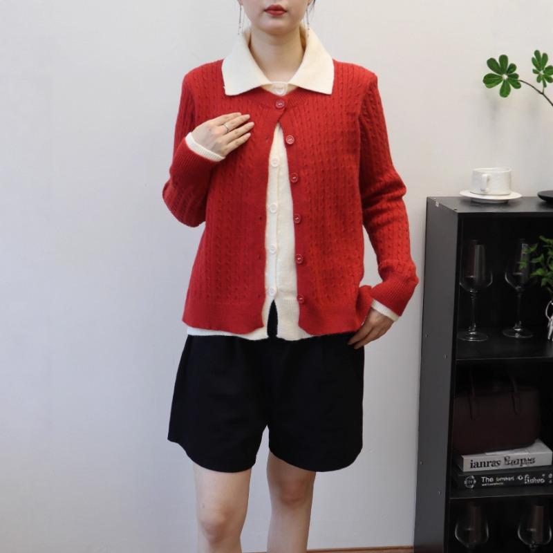 Polo Collar Long-sleeved Knitted Cardigan Autumn and Winter New Loose Design Fake Two-piece Splicing Sweater Jacket Women