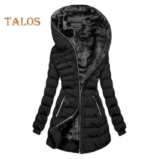 

Женское зимнее хлопковое пальто с капюшоном, застегивающееся на молнию, плюшевая подкладка, утепленная куртка Winddoof, средняя длина, длинный рукав, эластичные манжеты, уличное пальто M чёрный