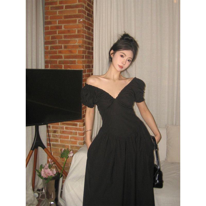 

Большой размер Большой размер Женское приталенное платье во французском стиле с V-образным вырезом белого цвета Black 2XL