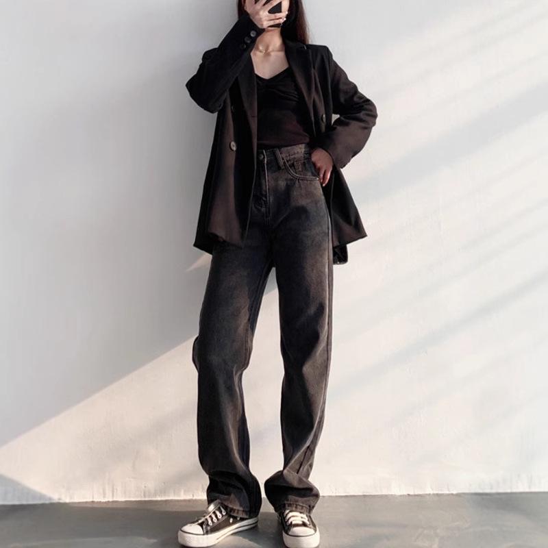 

2025 Spring High-Waisted Gray-Black Straight-Leg Women s Loose Jeans S