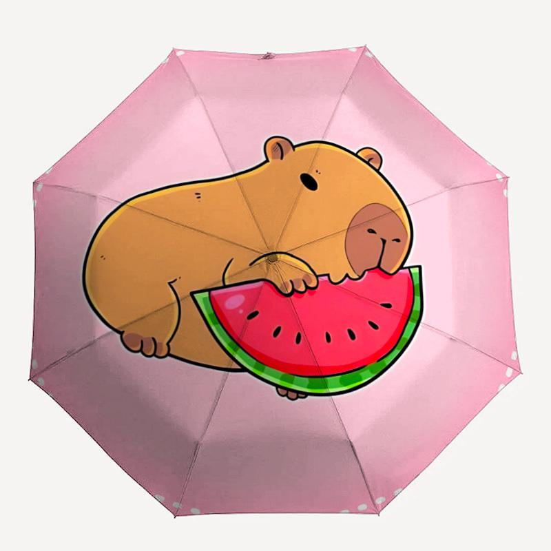 

1pc Watermelon Capybara Automatic Folding Umbrella Compact 8 Rib Design, Durable Iron Frame for Travel, Outdoor, a0920088