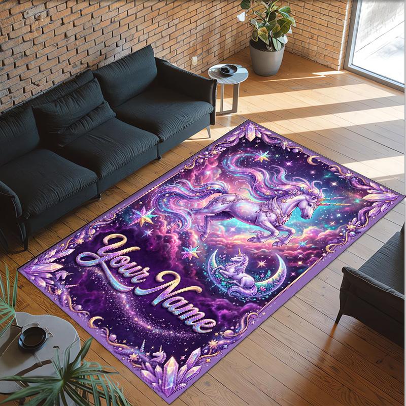 Alfombra de Suelo de Terciopelo de Cristal con Temática de Unicornio, Alfombra Cálida Personalizada con Nombre y Texto, Decoración del Hogar