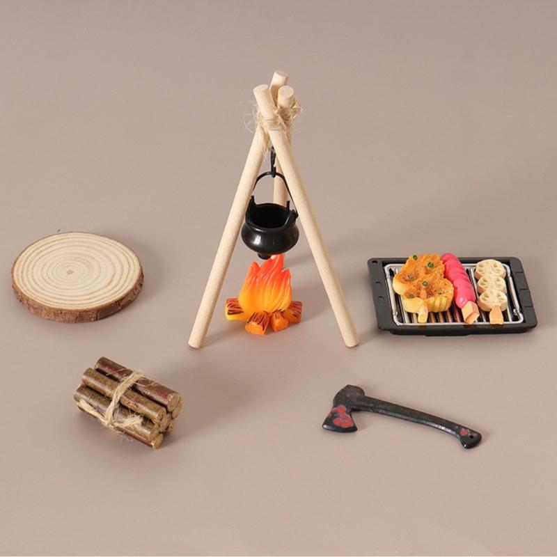 1/12 Miniature Camping Scene Set With Baking Pan For Doll House Outdoor Picnic Scene Accessories And Kids Roleplay Craft