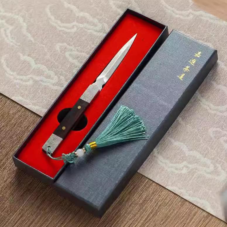 Coltello da tè Zen Ago da tè fatto a mano Sandalo nero Acciaio a motivi damascati Coltello da tè Puer Accessori per set da tè