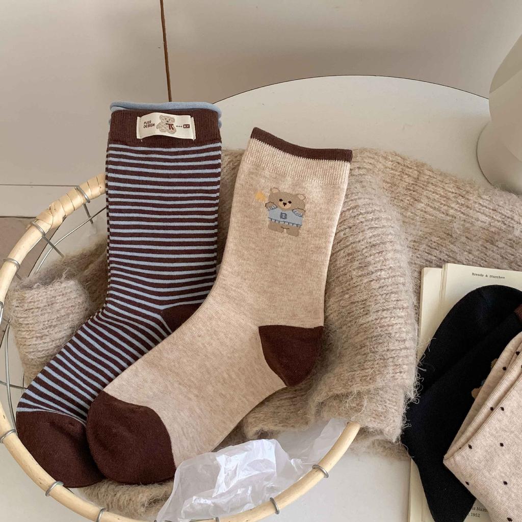 Polka Dot Striped Cartoon Bear Cloth Label Socks Internet Celebrity Maillard Coffee Color Double Mouth Contrasting Color Medium Tube Stacking Socks
