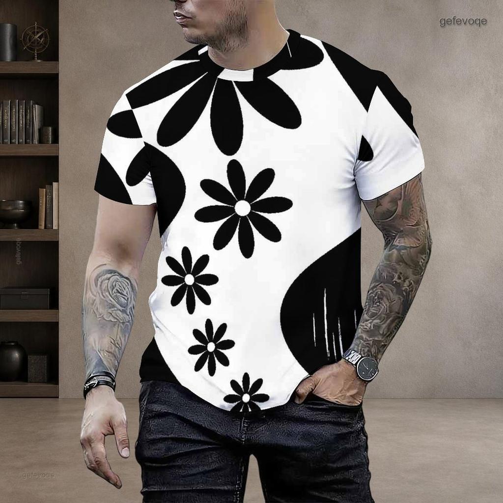 Men Plus Size Round Neck Short Sleeve T Shirt Black White Swirl Stripe Printed Pullover Straight Hem