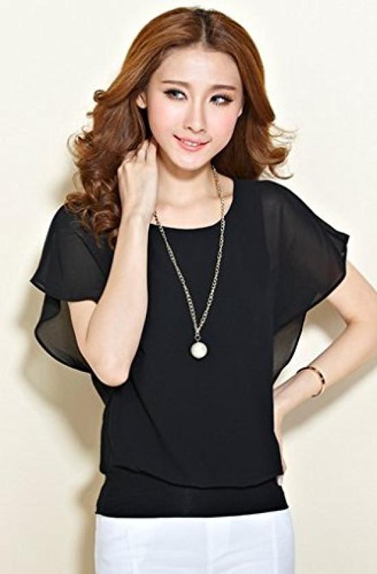 Chiffonbluse für Cut und Kurz Ausgestellt Groß 5 XL [DauStage] Damen, Genäht, Ärmel, Hemd, Größe, Farben, Schwarz,