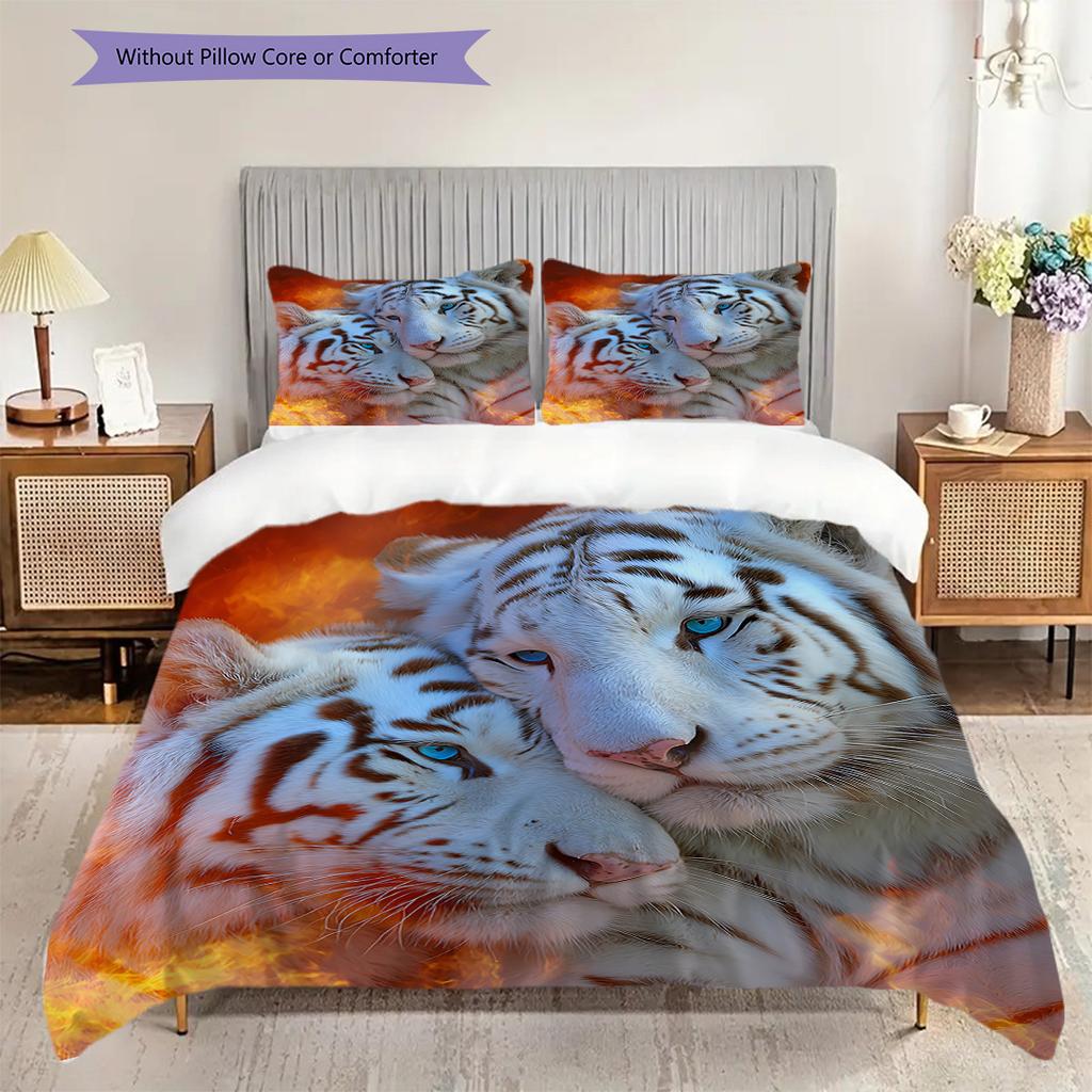 White Tiger Pattern Bedding Quilt Set Quilt Cover Pillowcase Home Decoration Birthday Gift (1 * Duvet Cover + 2 * Pillowcase, Without Core)