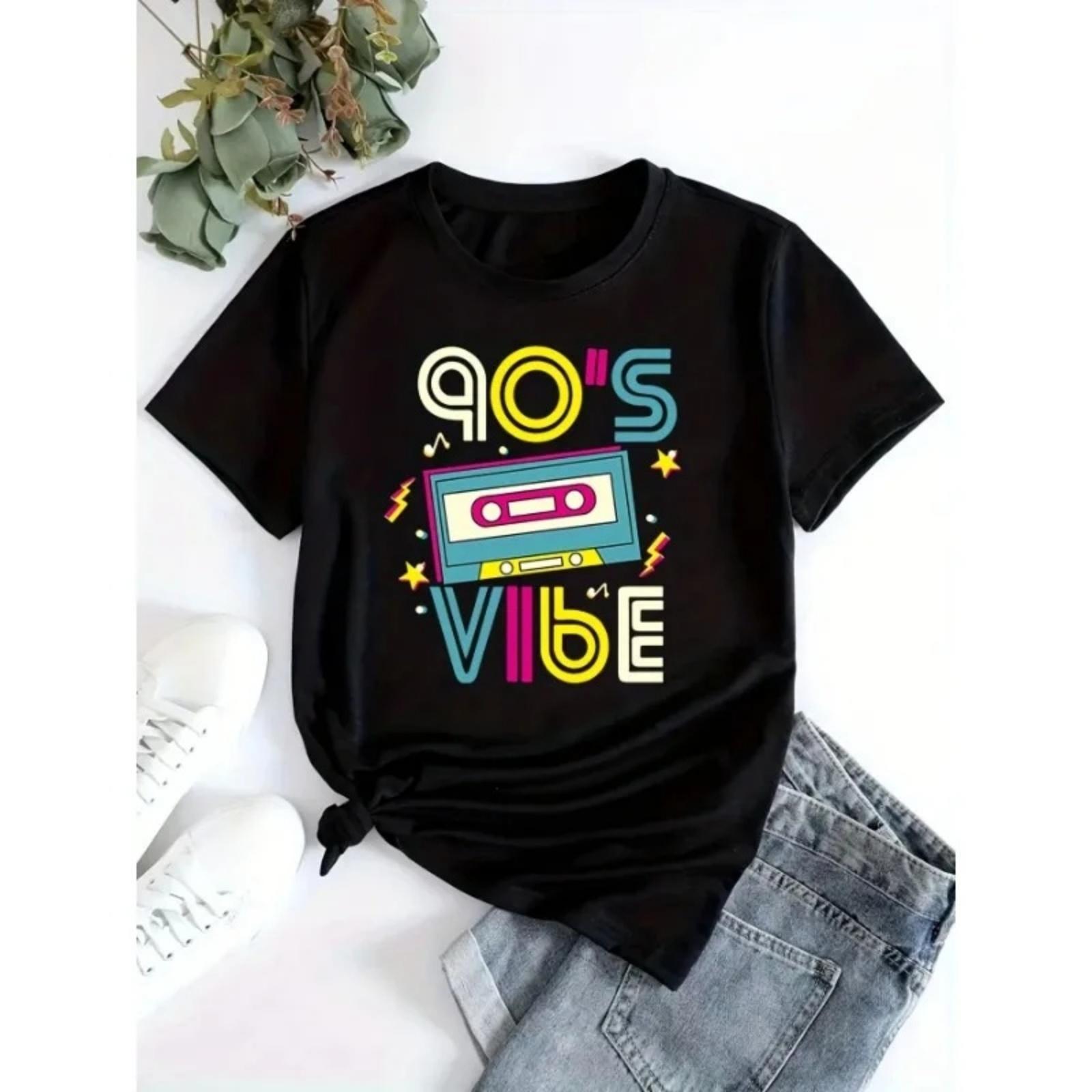 90s Women s Printed Cotton T-shirt Casual Fashion Harajuku Short Sleeved Round Neck Top Women s Loose Clothing T-shirt S
