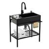 Stainless Steel Bathroom Sink, Single Bowl Kitchen Sink with Cold Hot Water Faucet, Storage Shelf, Drain Kit, Free Standing Sink