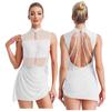 Women Figure Skating Ballet Dance Dresses Sleeveless Backless Sheer Mesh Overlay Shiny Rhinestones Asymmetrical Dress Dancewear