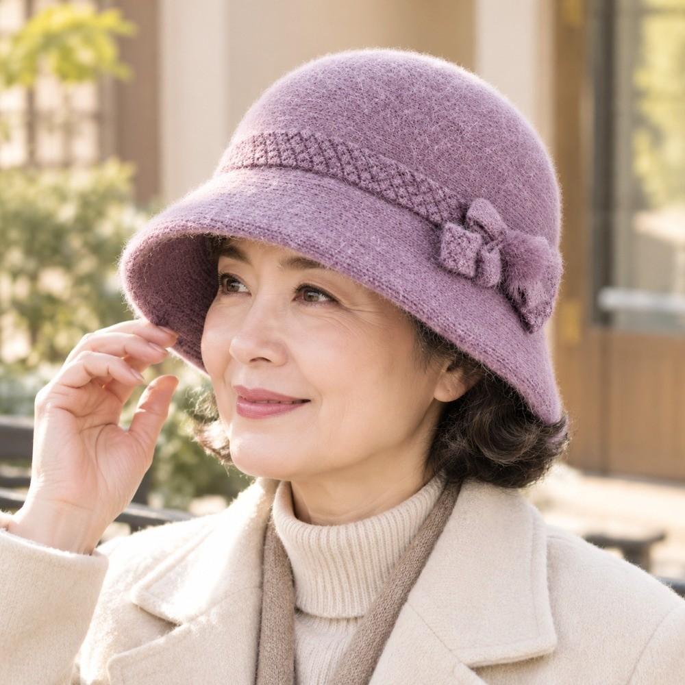 Fleece Lined Elderly Hat Soft Knit Knitted Cap Classic Style Women Bucket Hat Cold Weather