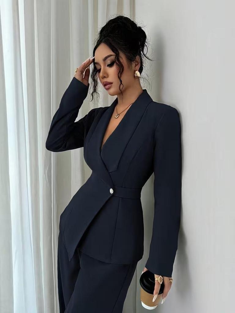 Women's European & American Spring/Autumn Fashion V-Neck Long Suit with Wide-Leg Pants Set
