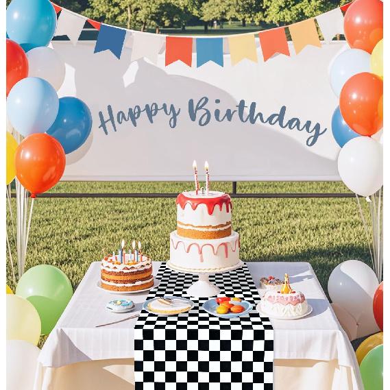 6 Pcs Checkered Table Runner Plastic 14 x 108 Inch Disposable Black and White Runner for Birthday Baby Shower Racing Party Decorations Race Car Table