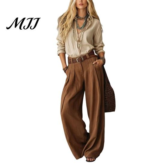Women Two Piece Outfits Casual Set for Fall, V Neck Collared Shirt Anti Wrinkle Fall & Wide Leg Pants, Loose Fit Trousers Autumn