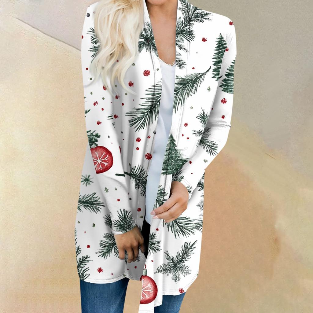 Women's Fashion Casual Christmas Tree Printed Mid-Length Cardigan Jacket