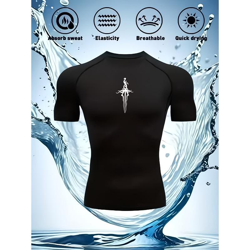 Men's Compression Shirt Quick Dry White Gym T-Shirt Black Gothic Sword Print Workout Sportswear