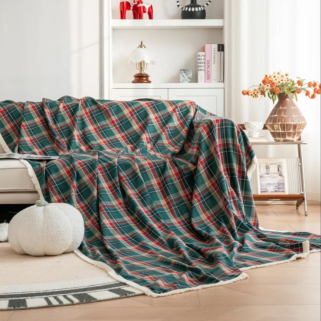 Christmas Sofa Slipcover Couch Cover Grid Living Room Pet Bed Chair Soft with Tassel Washable  Sofa Covers Cotton Throw Blanket