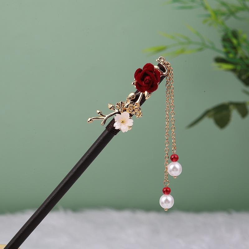 Vintage-Style Ebony Imitation Hairpin with Tassels and Wooden Step-Shaking Design for Hanfu and Ancient Costume Accessories