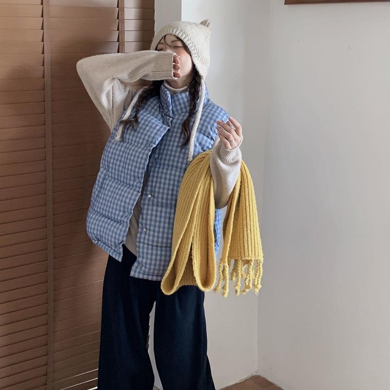 Autumn and winter women's short cotton vest stand-up collar loose literary small fresh blue plaid retro cotton vest jacket