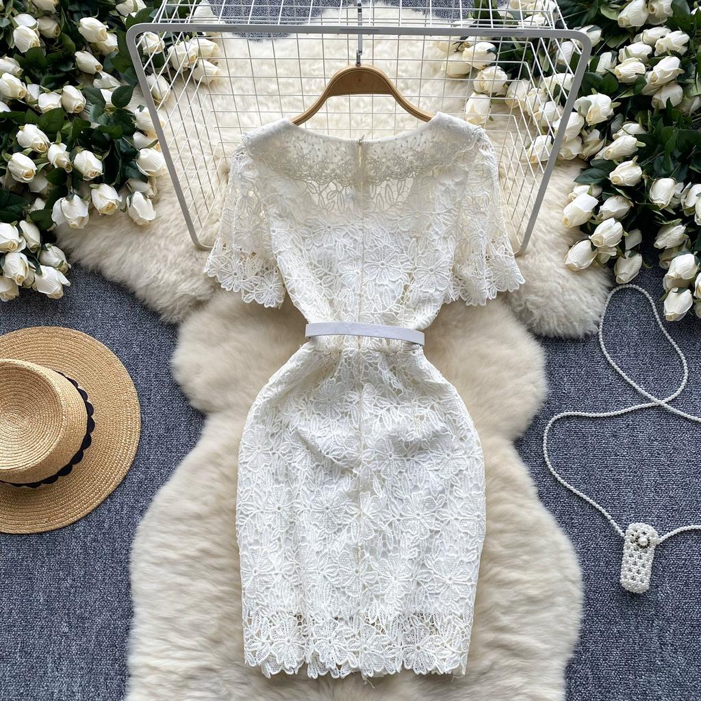 Sommer Frauen Elegante Spitze Häkeln Stickerei Blume Schlank Bodycon Mini Kurze Büro Arbeit Party Kleider