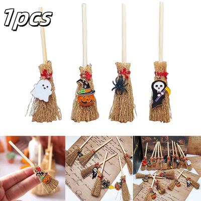 1pcs Mini Halloween Witch Broom Wooden Witch Broom Decor Pendant Doll Dollhouse Room Party Indoor Outdoor Decoration Car Pendant