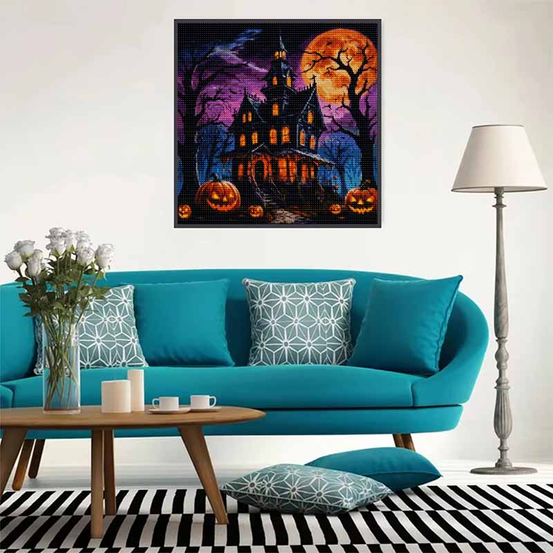 Diamond Painting Kit Halloween Mansion Pumpkin Pattern DIY Full Drill Canvas Art Relaxing Handmade Gift for Craft Lovers