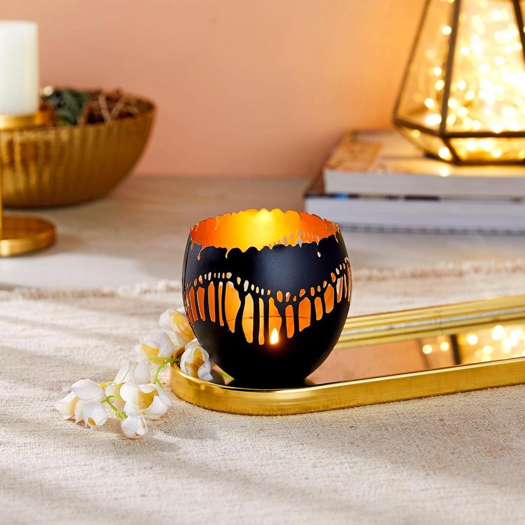 Zierliches Eisen Teelicht | Stilvoll | für Innen- & Außendekoration (Matt Schwarz mit Gold)