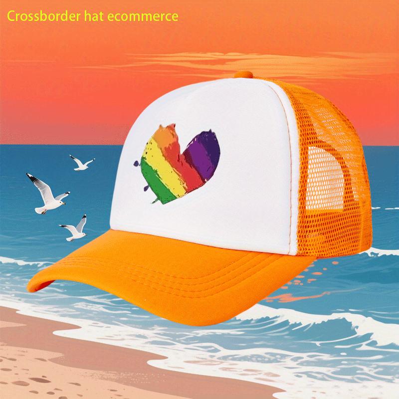Rainbow Heart Print Breathable Mesh Trucker Hat Adjustable Polyester Casual Baseball Cap for Adults