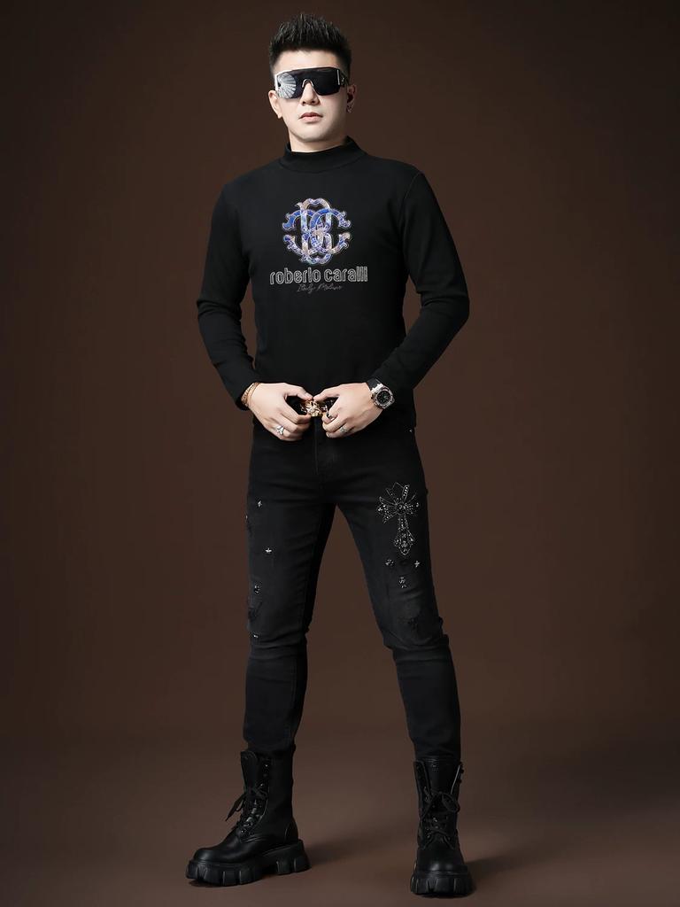 European Trendy Brand Men's Fleece-Lined Half-Turtleneck Base Layer Shirt, Autumn and Winter Slim Fit Warm Inner Wear Long-Sleeve T-Shirt for Men