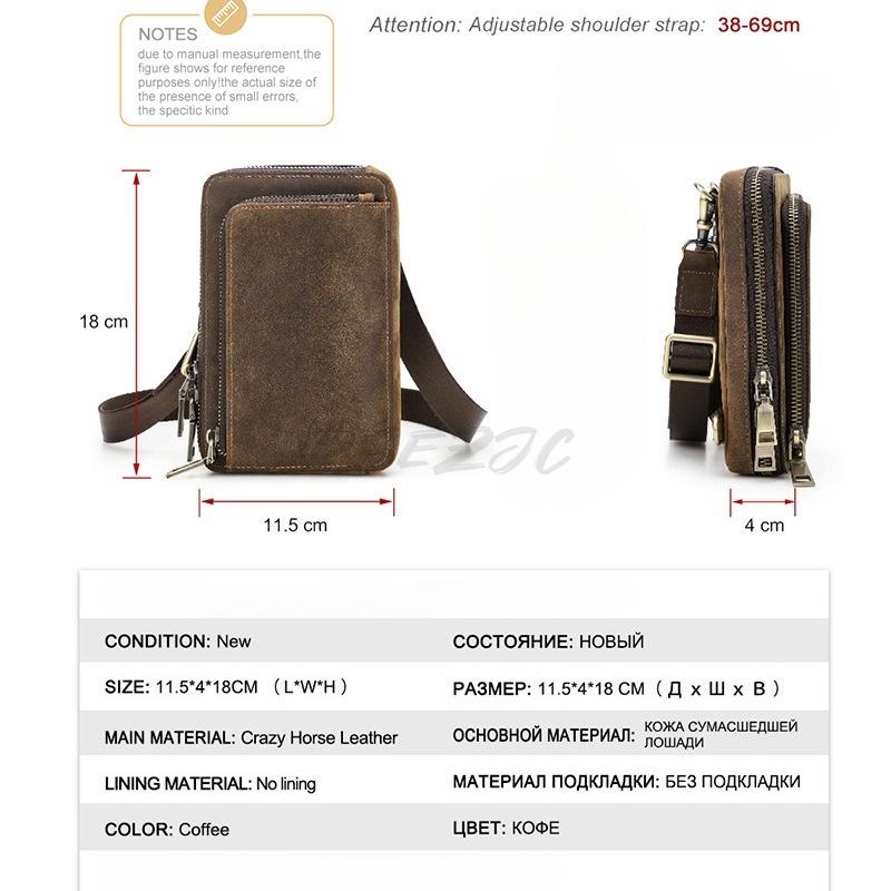 Retro Crazy Horse Leather Phone Bag Outdoor Portable Shoulder Crossover Multi Functional Waist Large Screen Phone Storage Bag
