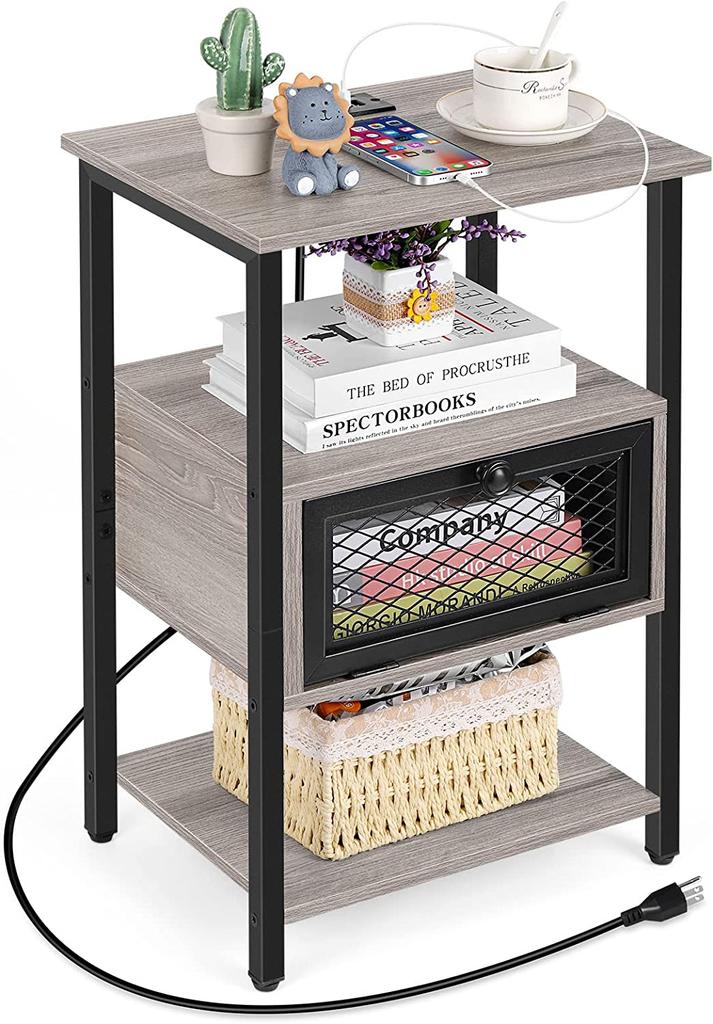 Nightstand with Charging Station, End Table with Power Outlets and USB Ports, Farmhouse Side Table with Drawer and Storage Shelf