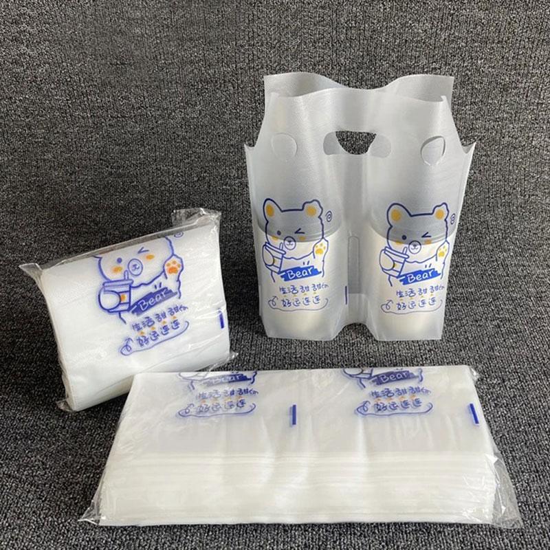 200PCS Cartone animato Sacchetto per tazza singola Sacchetto per tazza doppia Sacchetto per imballaggio di tè al latte Sacchetto per asporto Tipo di maniglia Bevande Confezione di plastica