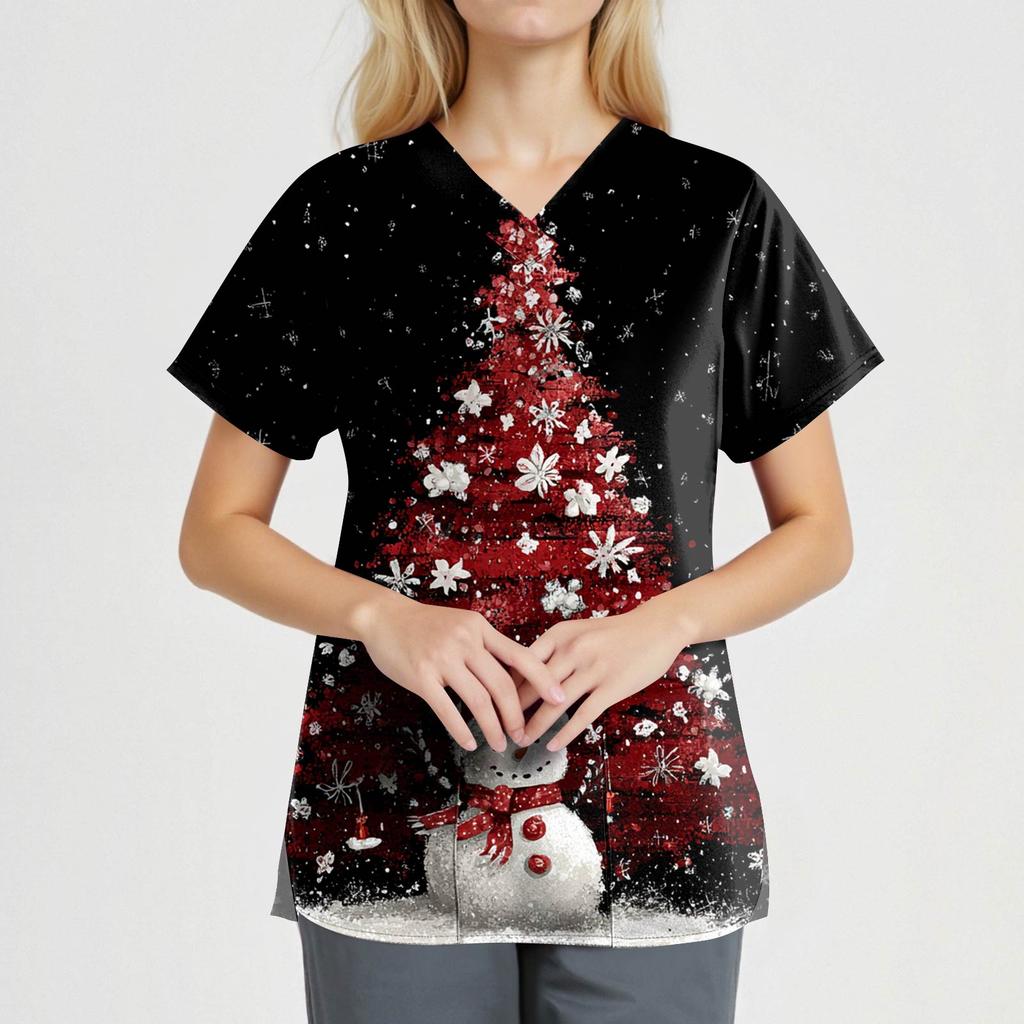 Moda Femenina Cuello en V Manga Corta Ropa de Trabajo Con Bolsillos Estampado Navideño Top Uniforme Cuidador