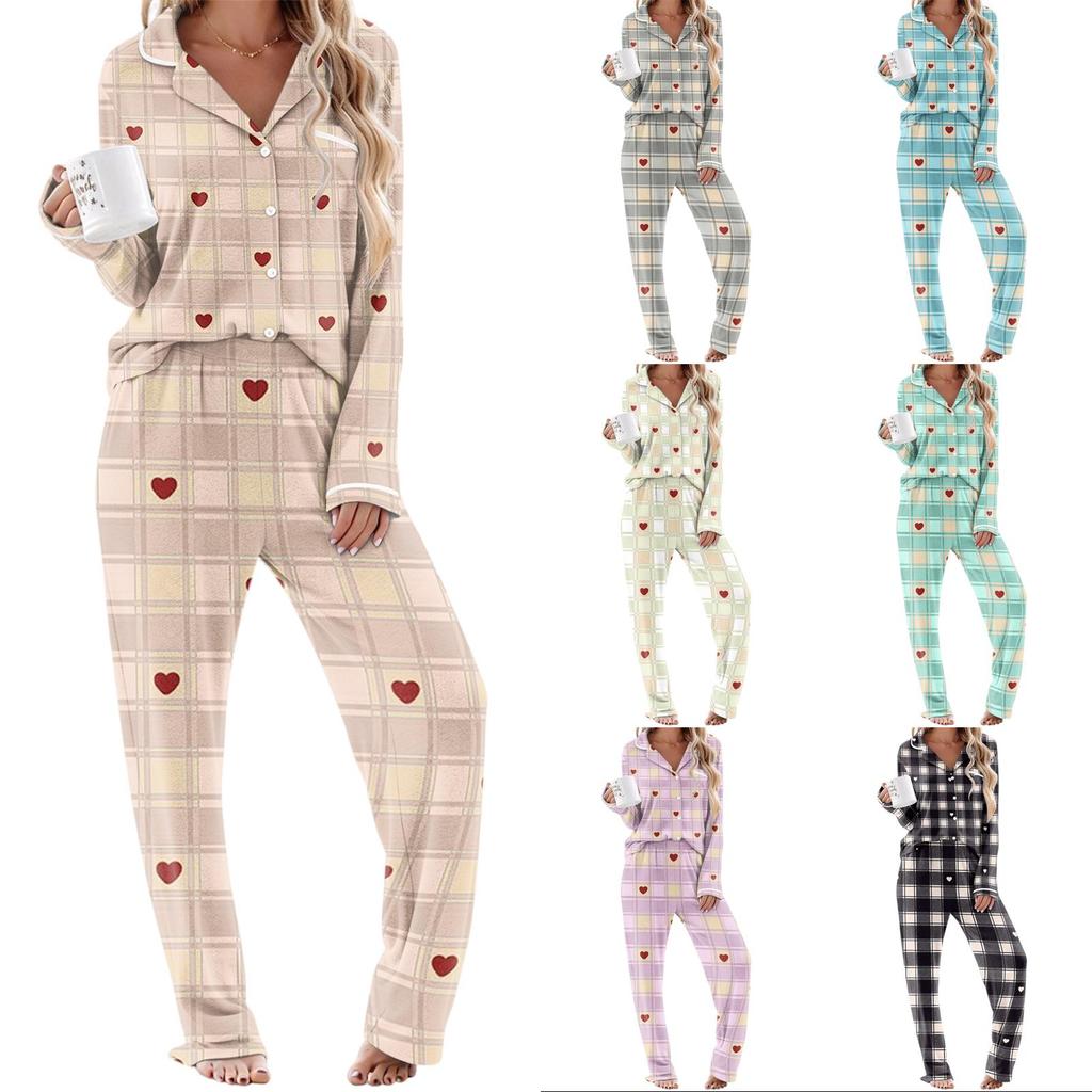 Women's Pajamas Fashion Print Long-Sleeve Button-Up Top Pocket Pants Home Casual Notched Collar V-Neck Two-Piece Set