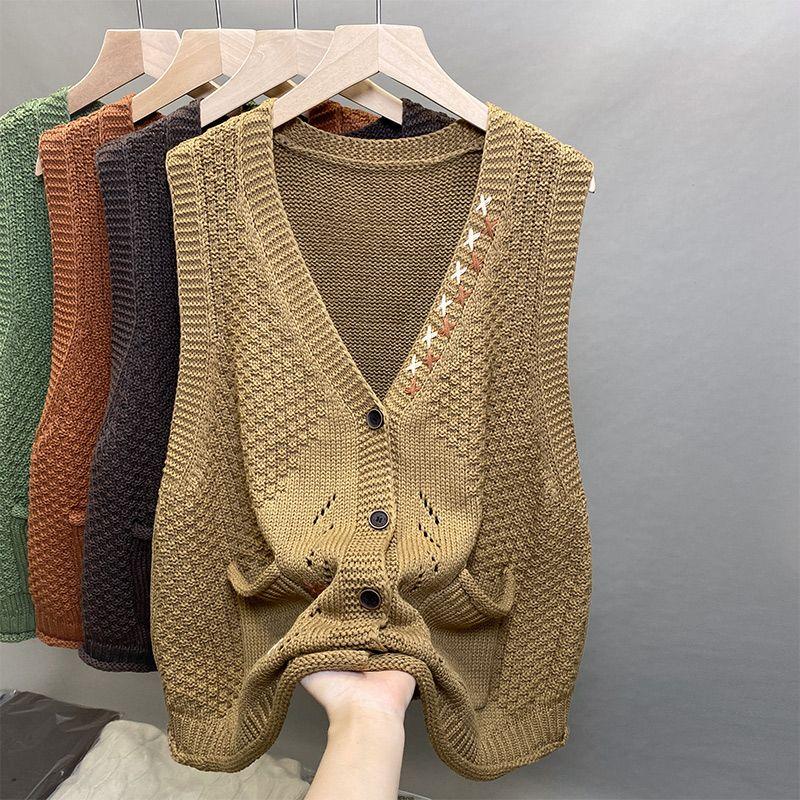 Women's Autumn V-Neck Knitted Vest Sleeveless Cardigan for Outer Wear Sleeveless Sweater Cardigan Gilet Coat