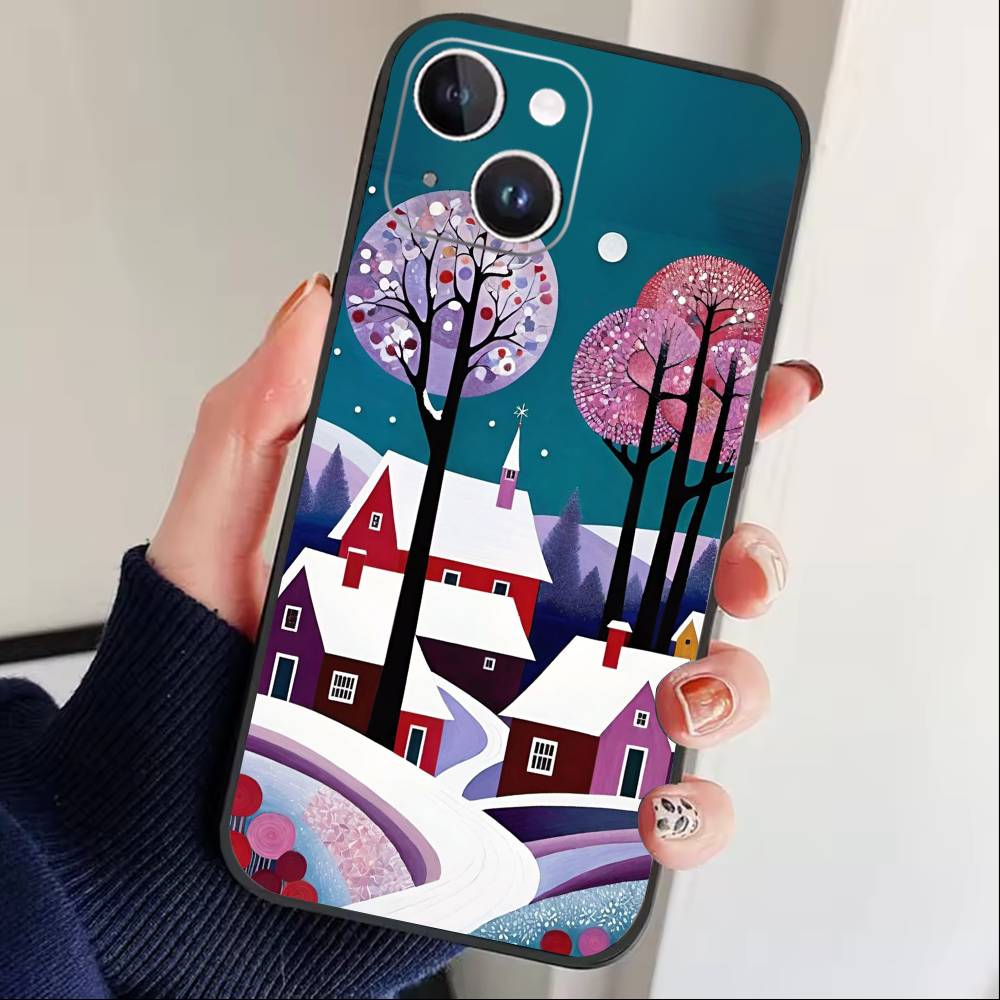 Starry Night Whimsical landscape Phone Case For iPhone 16,15,14,13,12,17,Pro Max,Plus Silicone Black Case
