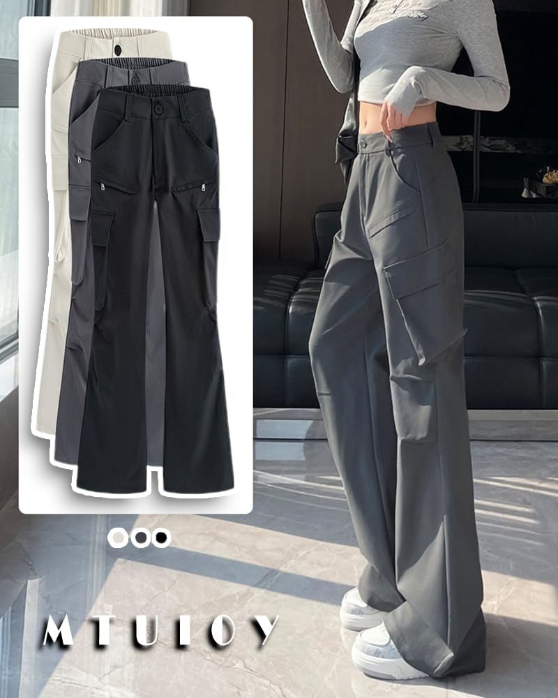 MTUIOY Cargo Street High Fall Gray XL Women's Pants, Flared, Style, Casual, Stretch, Lightweight, Waist, Spring, Summer, - -
