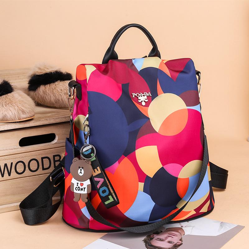Outdoor Leisure Female Travel Bags Trendy Multiple Purpose Women's Backpack with Bear Pendant Colorful Printed Quality Oxford Shoulders Bag for Mother