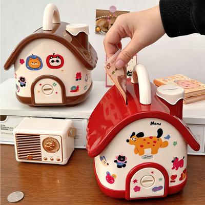 Cartoon House Piggy Bank with DIY Sticker Coin Cash Storage Jar Container Children Money Saving Box Decoration Boys Girls Gift